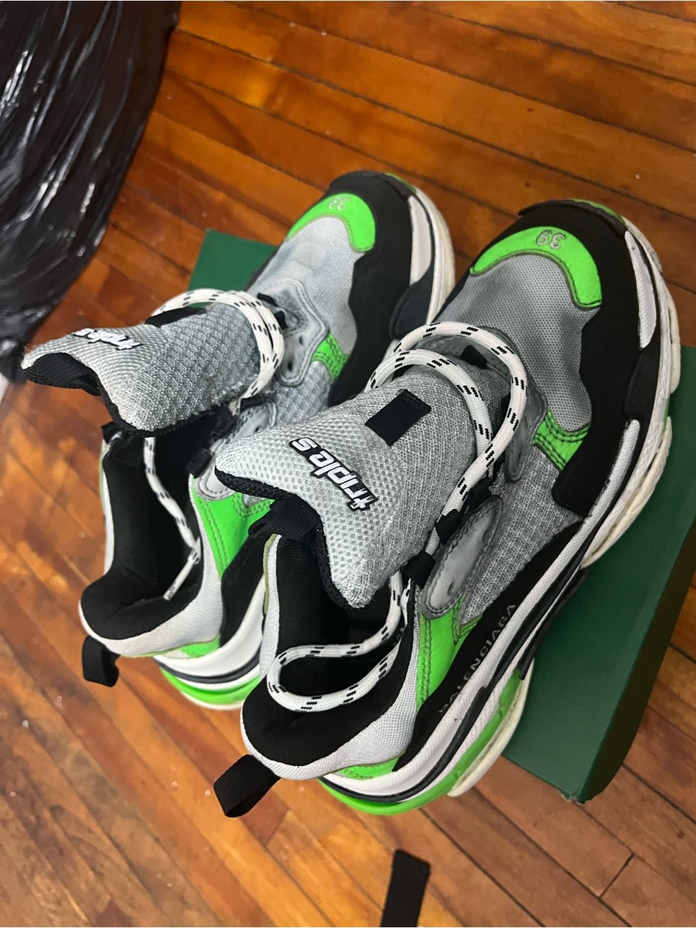 Balenciaga Gray, Black and Bright Green Triple S Sneakers